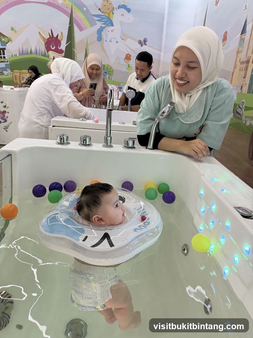 Baby enjoying a bath with a neck float