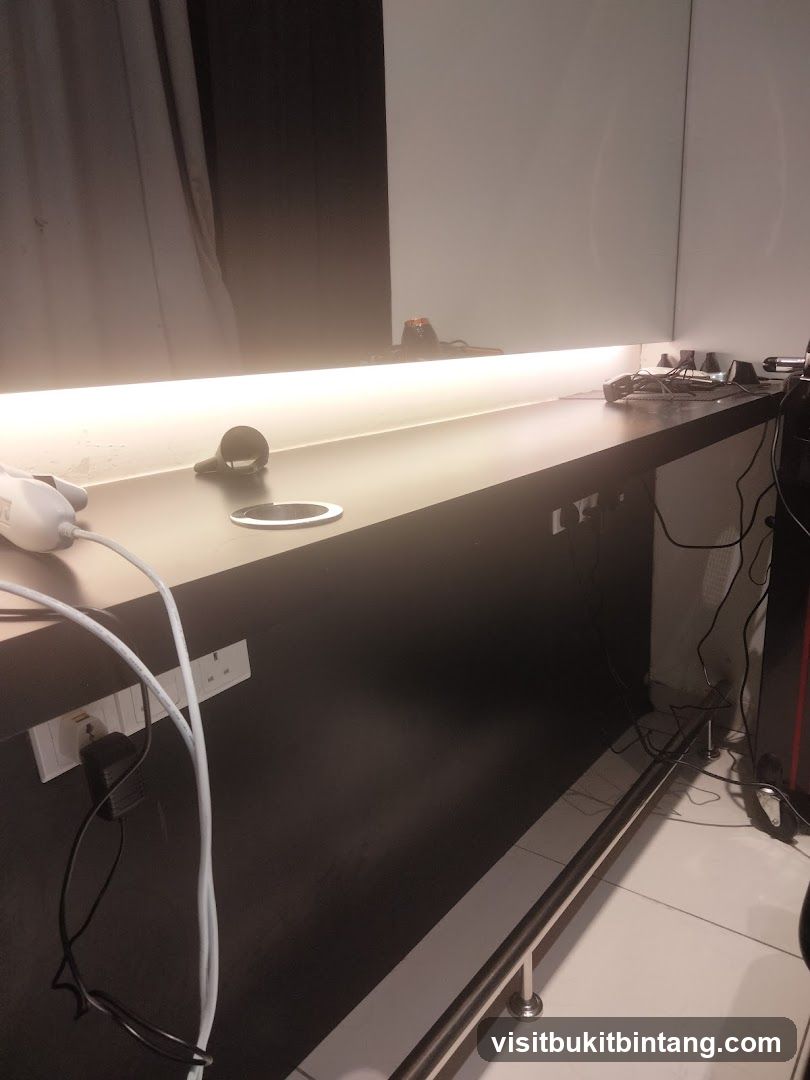 Countertop with electrical outlets and cables