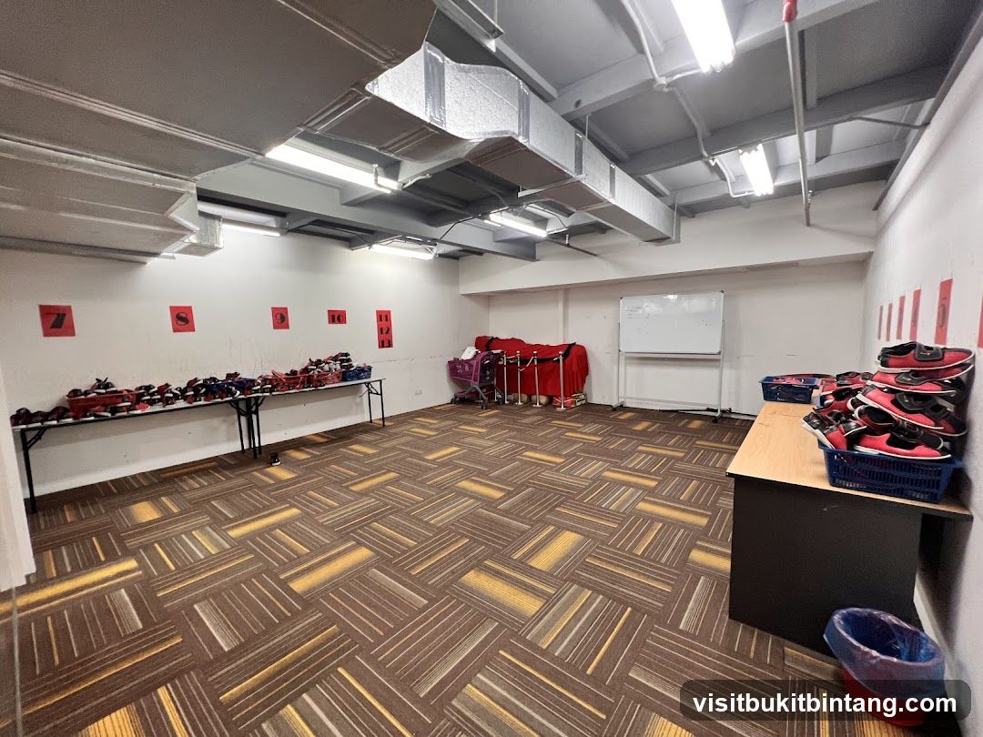Room with shoes and whiteboard