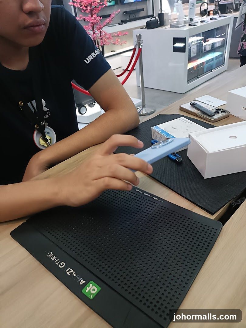 Person holding a phone in a store