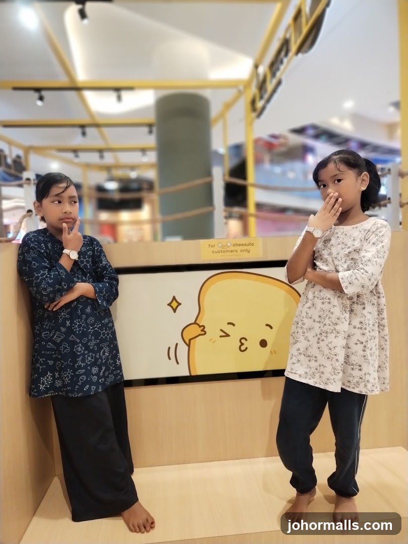 Two girls posing in front of a cartoon bread character