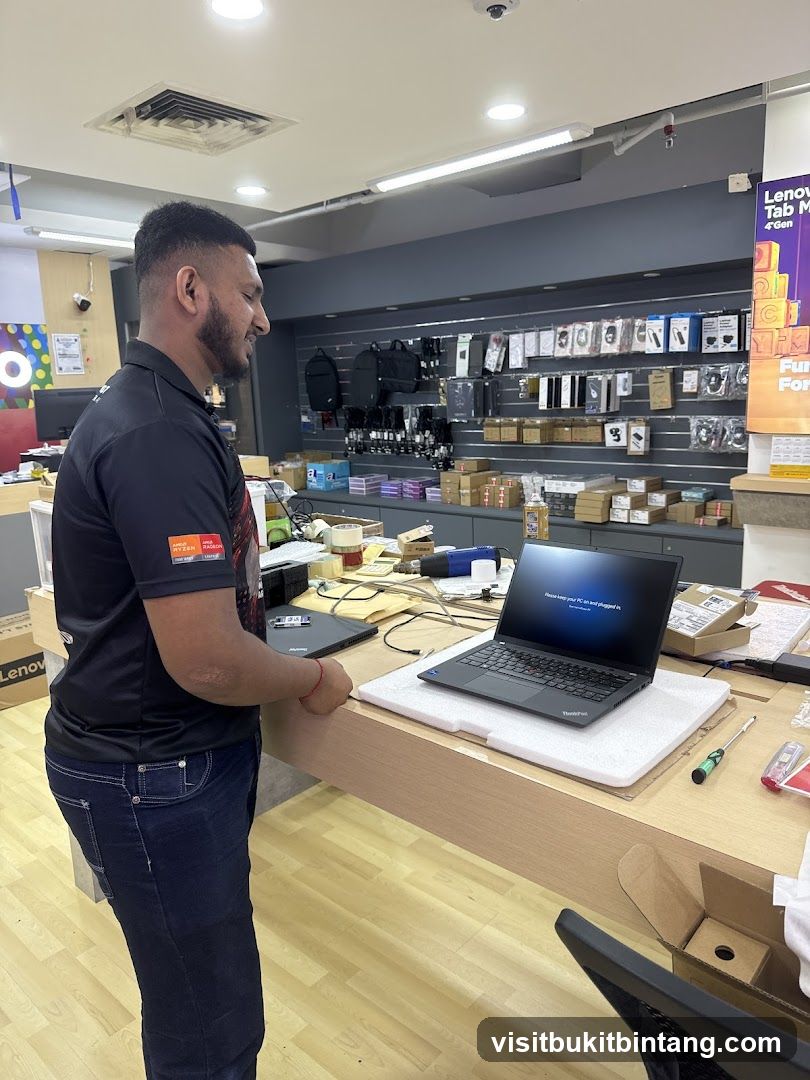 Man setting up a laptop in a store