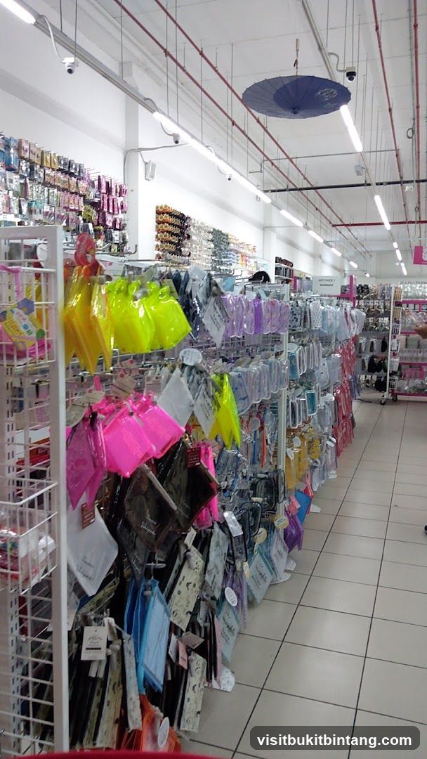 Store aisle with colorful pouches and accessories