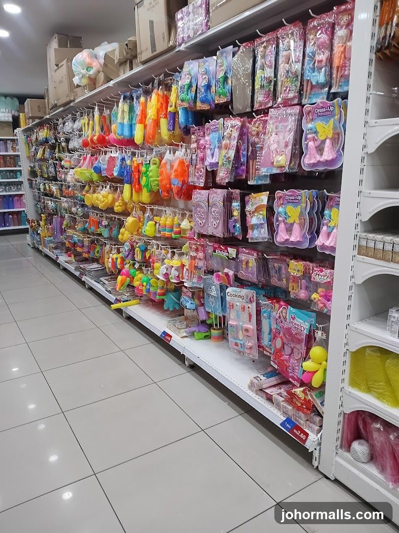 Toys and Household Items on Shelves