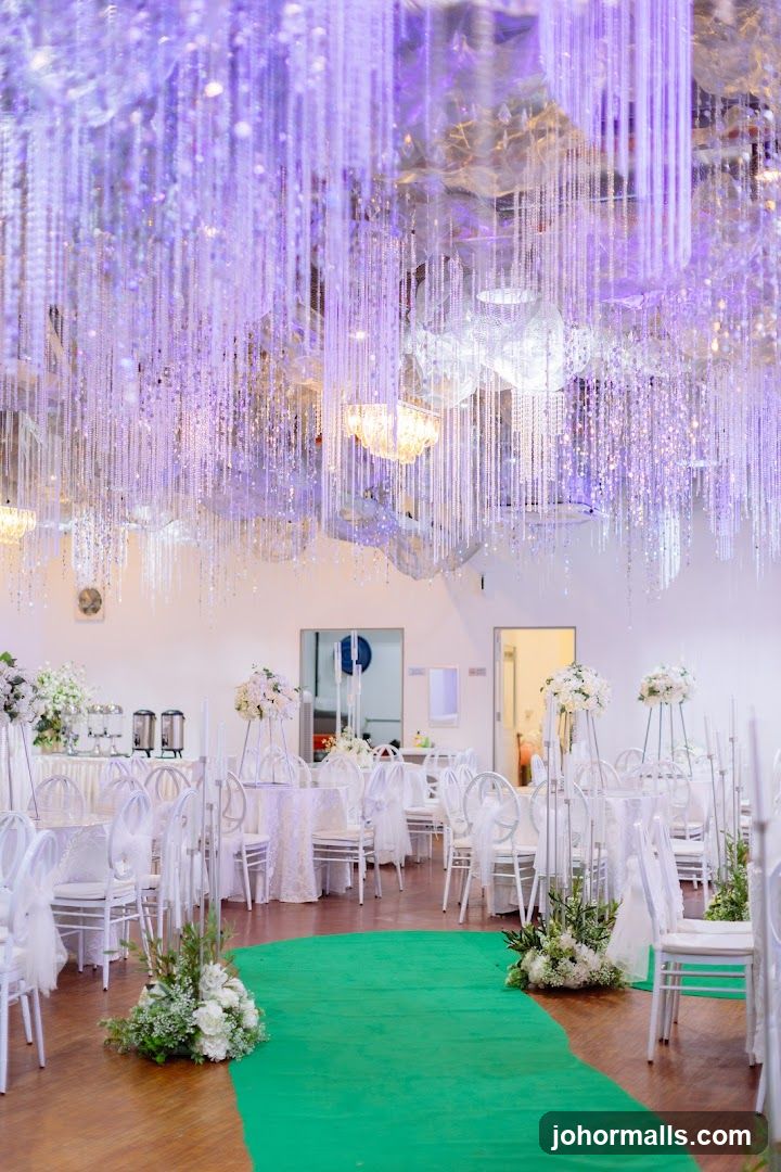 Elegant Event Space with Crystal Chandeliers and Green Carpet