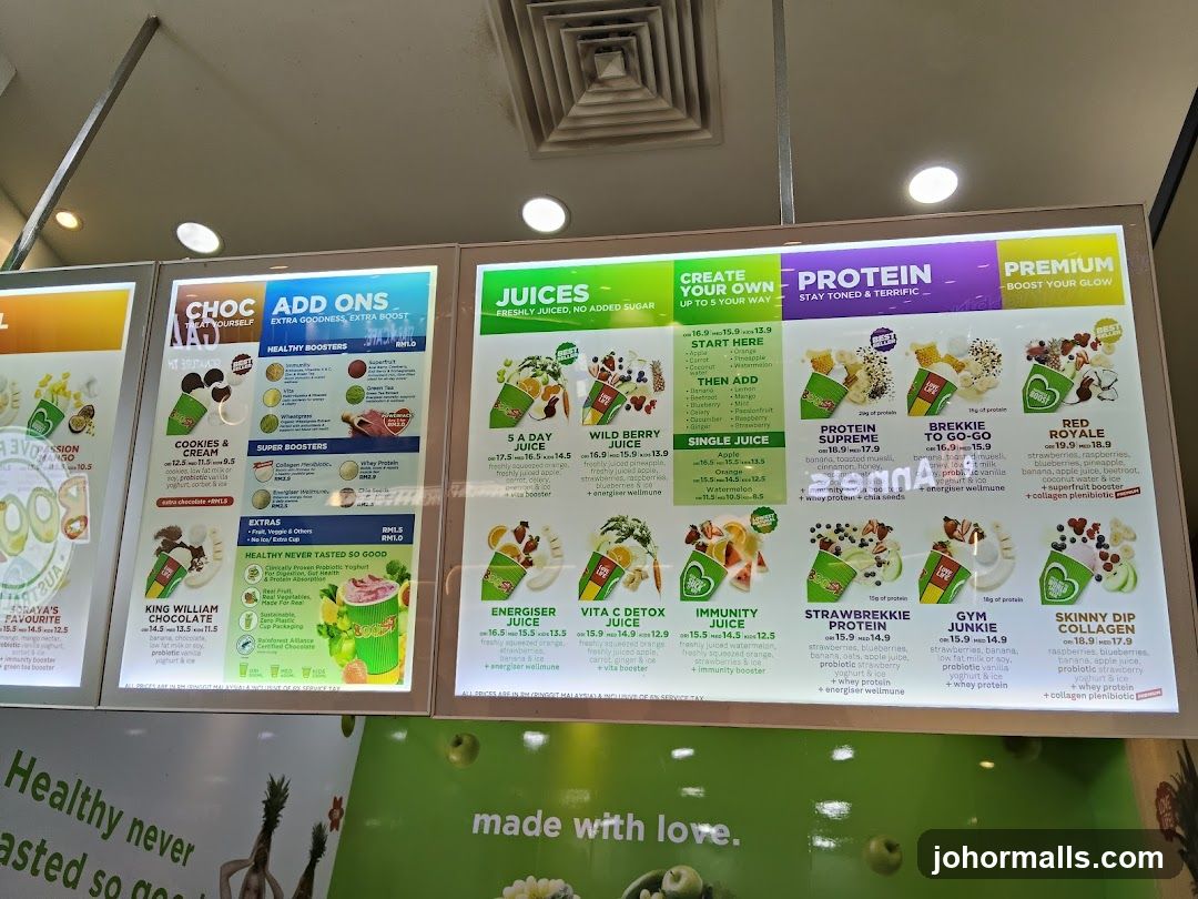 Juices, Protein, and Add-ons Menu