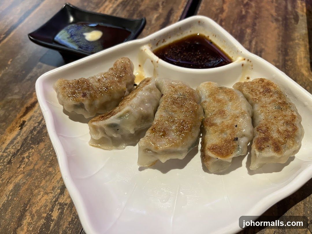 Pan-fried dumplings with dipping sauce