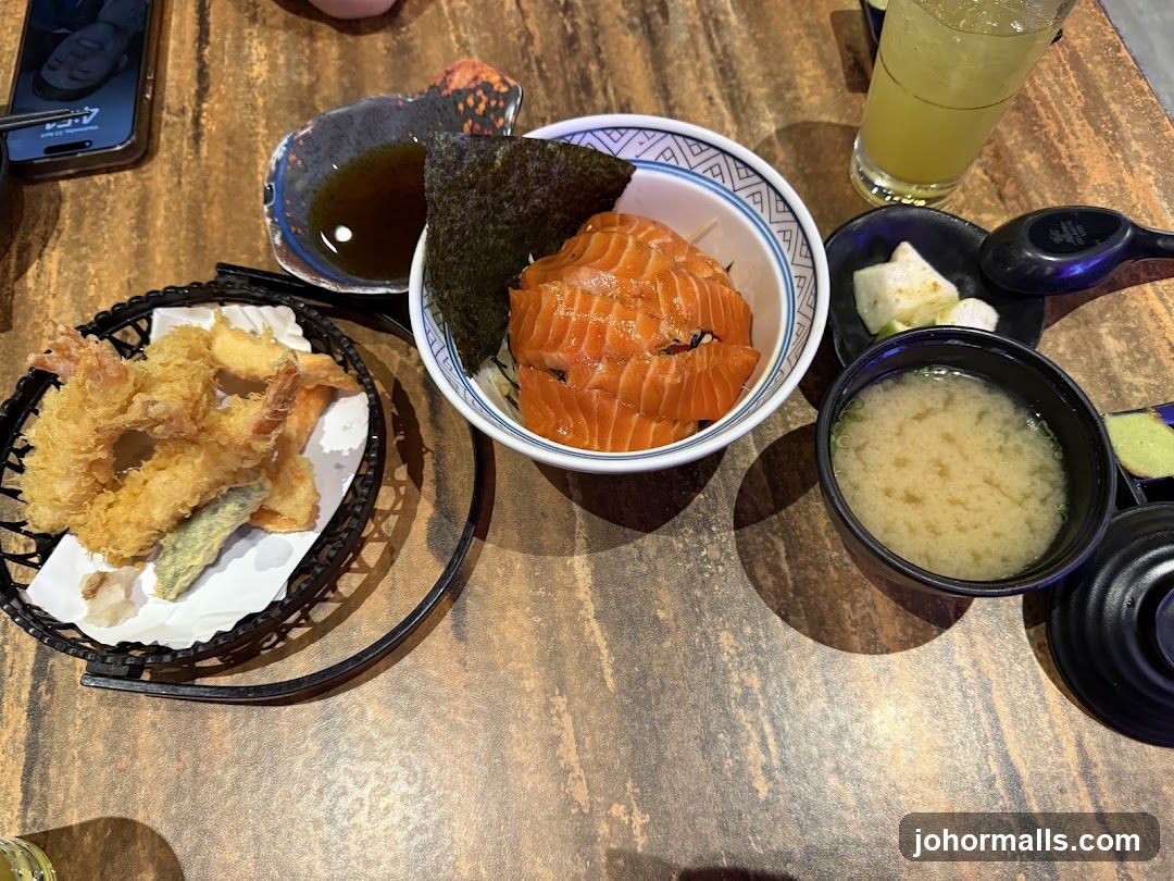 Salmon Donburi with Tempura and Miso Soup