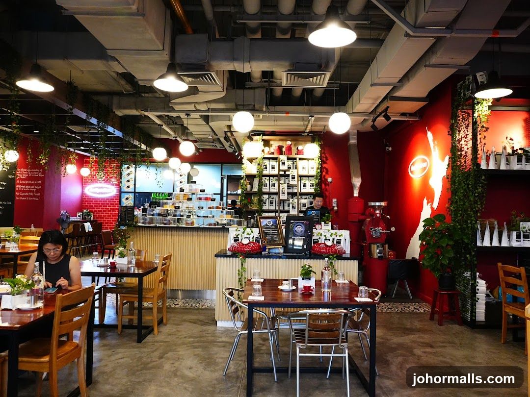 Interior of a cafe with seating and a counter