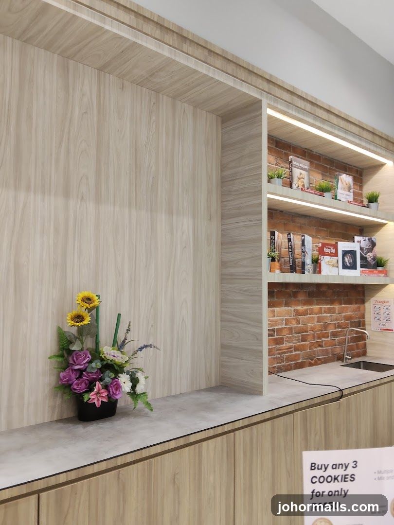 Display shelves with books and flowers