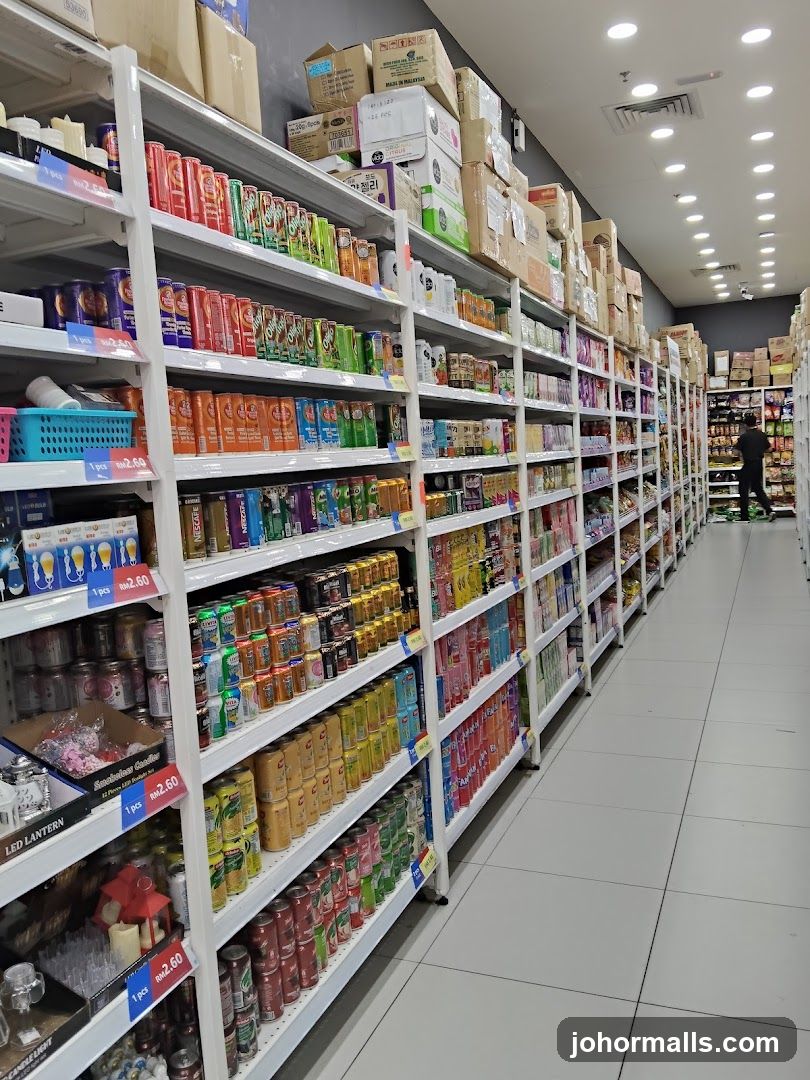Aisle of a store with shelves stocked with canned drinks and other products.