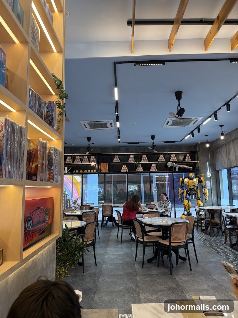 Interior of a cafe with seating and decor