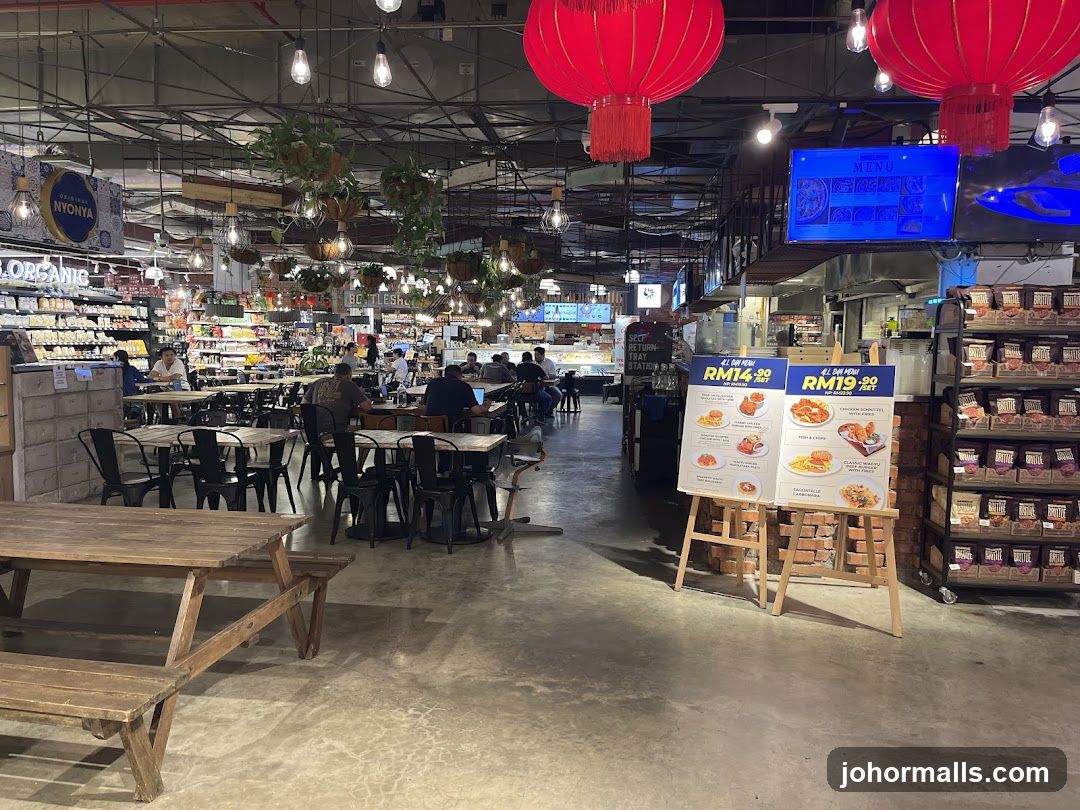 Food Court with Seating and Product Displays