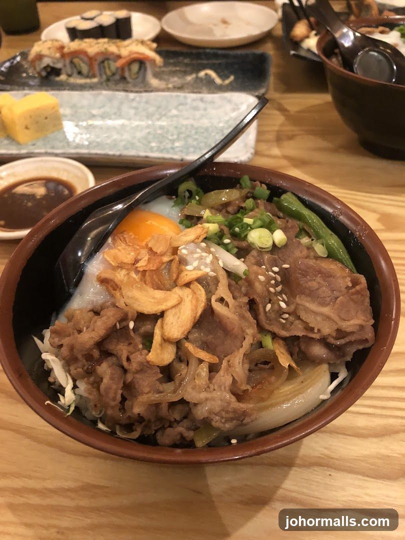Beef Bowl with Egg and Sushi