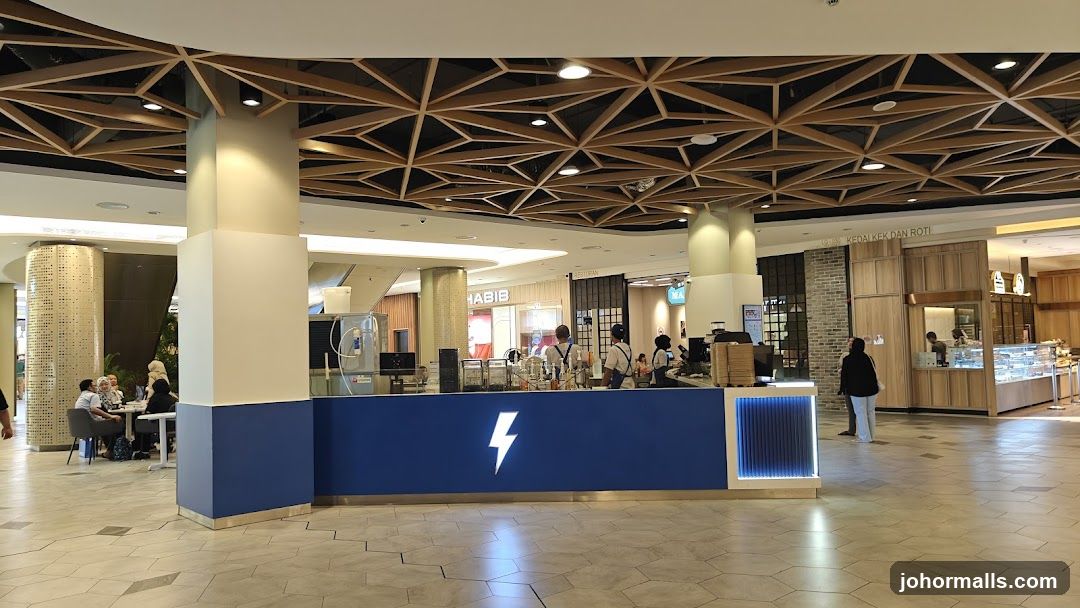 Cafe counter with lightning bolt logo
