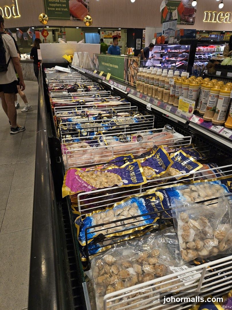 Frozen seafood section in supermarket