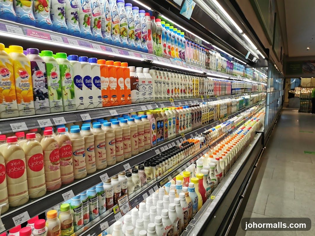 Refrigerated dairy section in supermarket