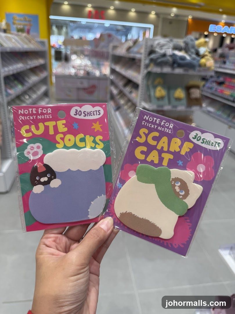 Hand holding sticky note products in store