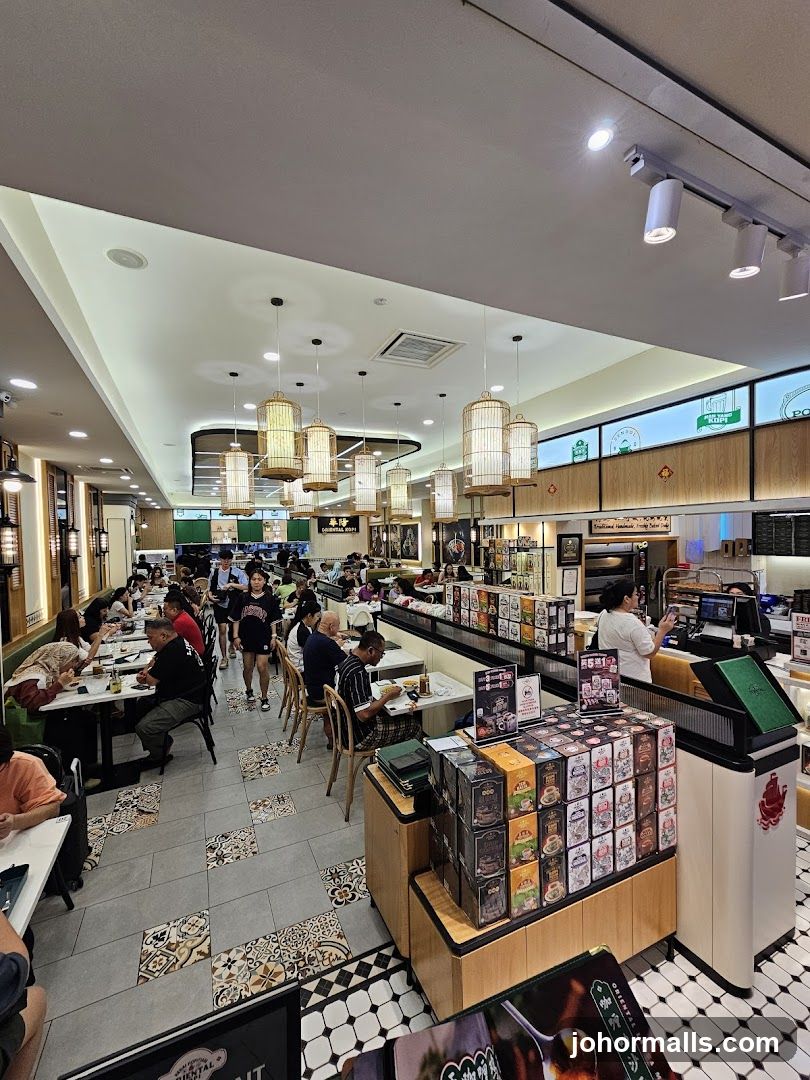 Interior of a busy cafe with customers dining