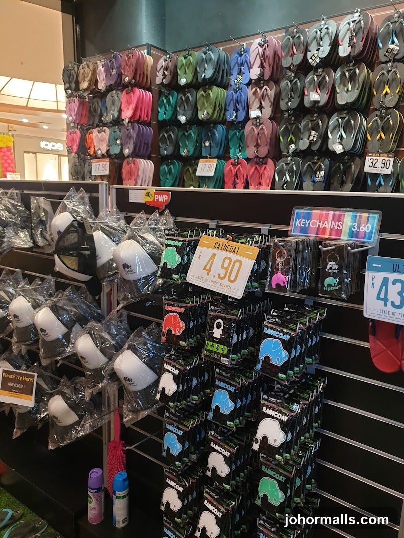 Store Display of Flip-Flops, Raincoats, and Keychains