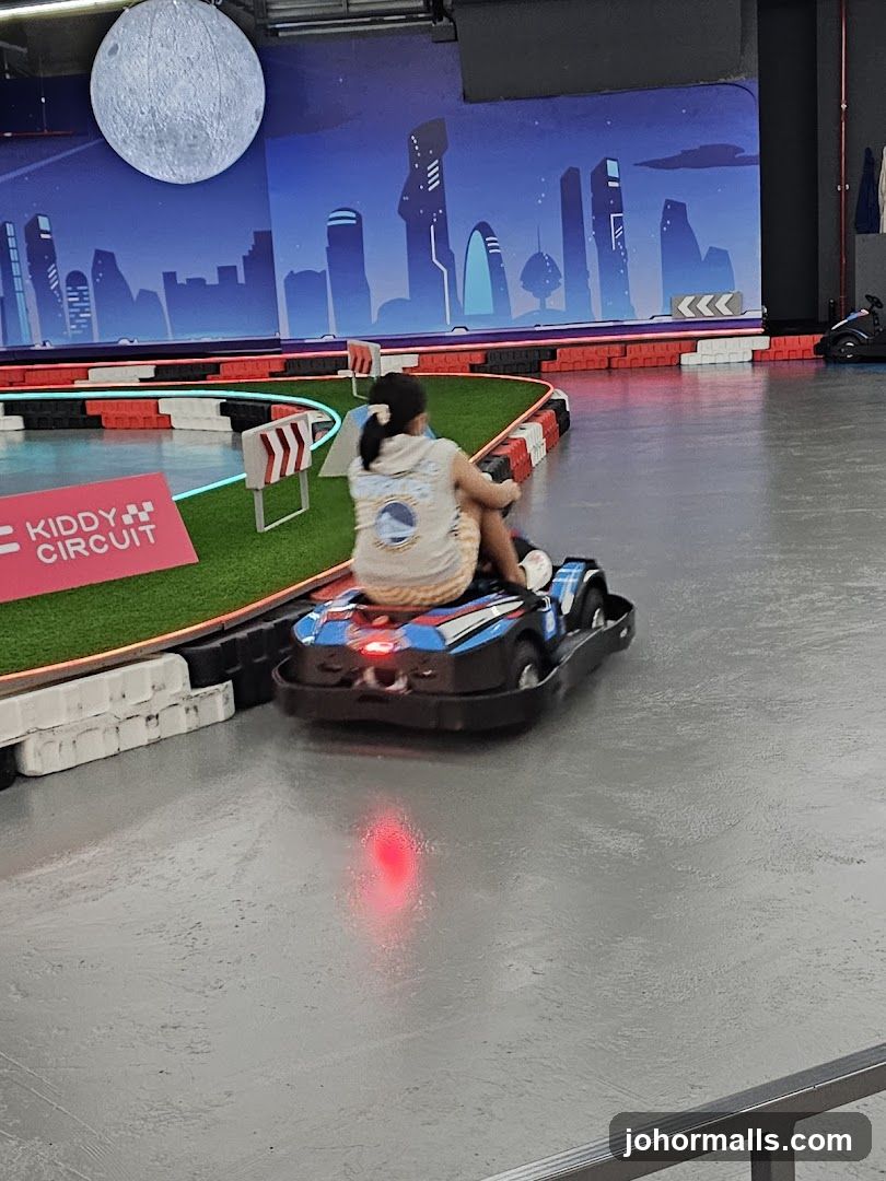 Go-karting track with futuristic cityscape backdrop