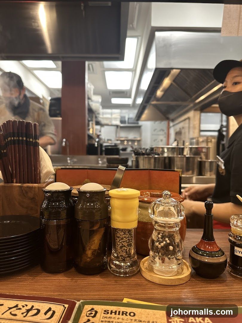 Restaurant Condiments and Kitchen View