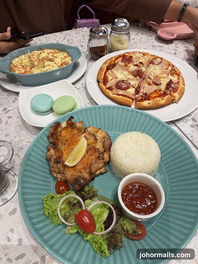 Meal with Chicken, Rice, Pizza, and Macarons