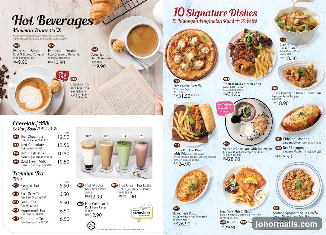 Hot Beverages, Chocolate/Milk, Premium Tea, 10 Signature Dishes