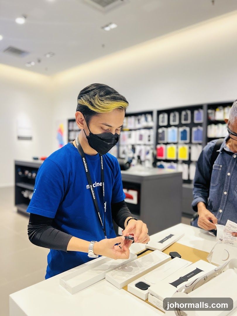 Salesperson assisting customer with accessories