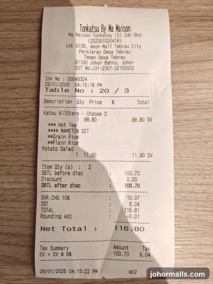 Receipt from Tonkatsu By Ma Maison