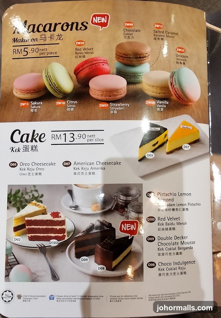Macarons and Cake Menu