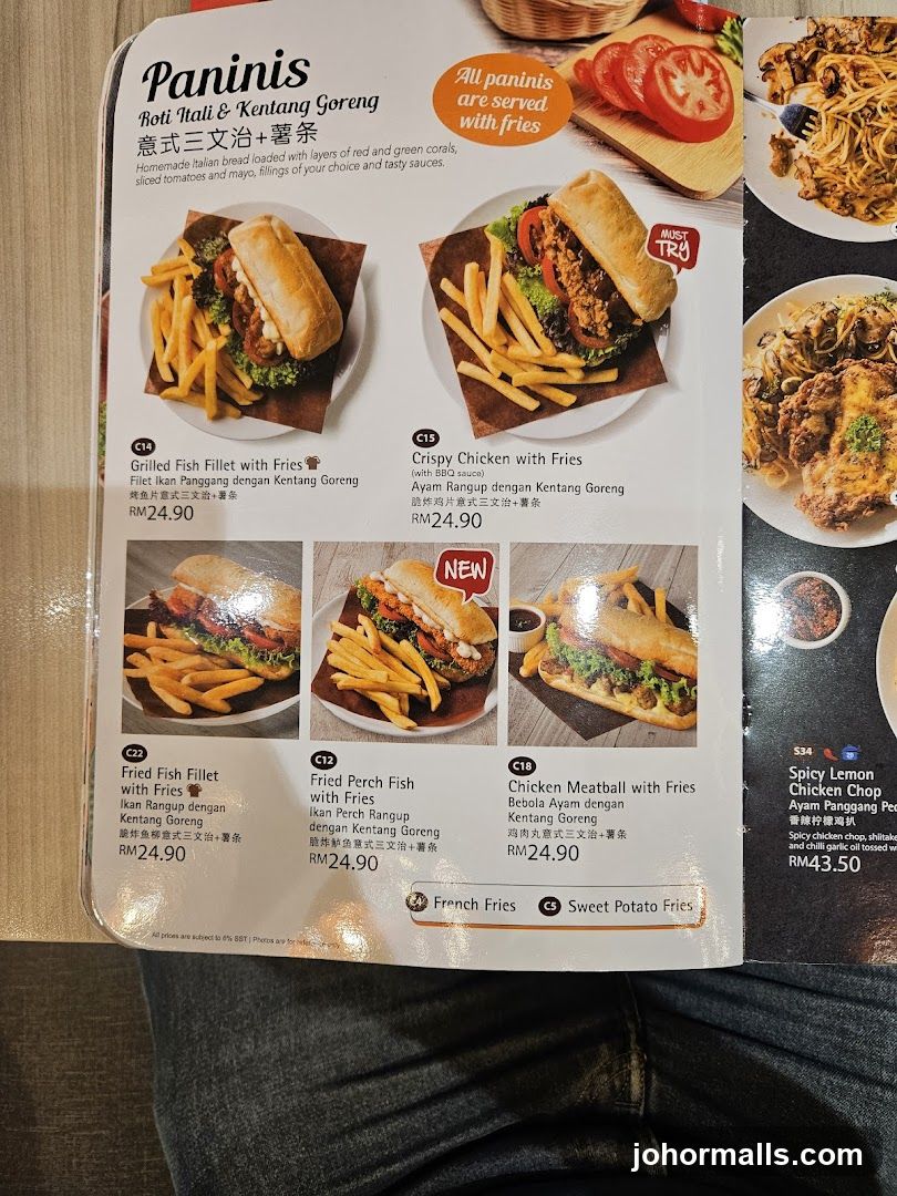 Paninis Section of Menu