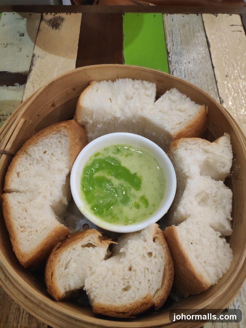 Bread and Green Sauce in Bamboo Basket