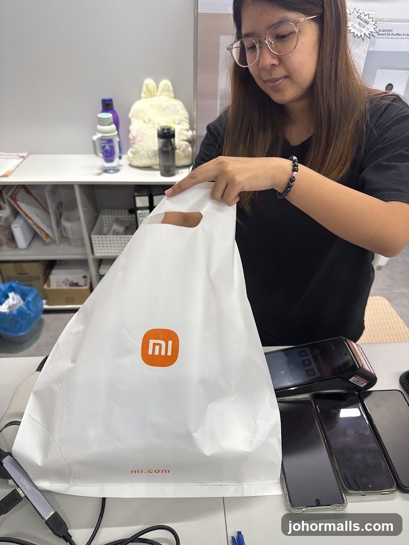 Woman holding a shopping bag with a logo
