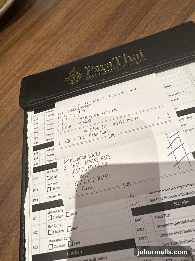 Para Thai Authentic Thai Cuisine Order List