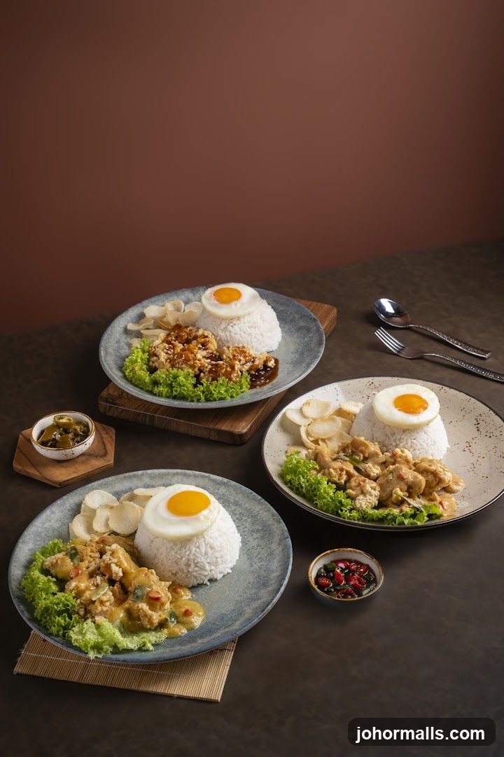 Three plates of rice with fried chicken and egg