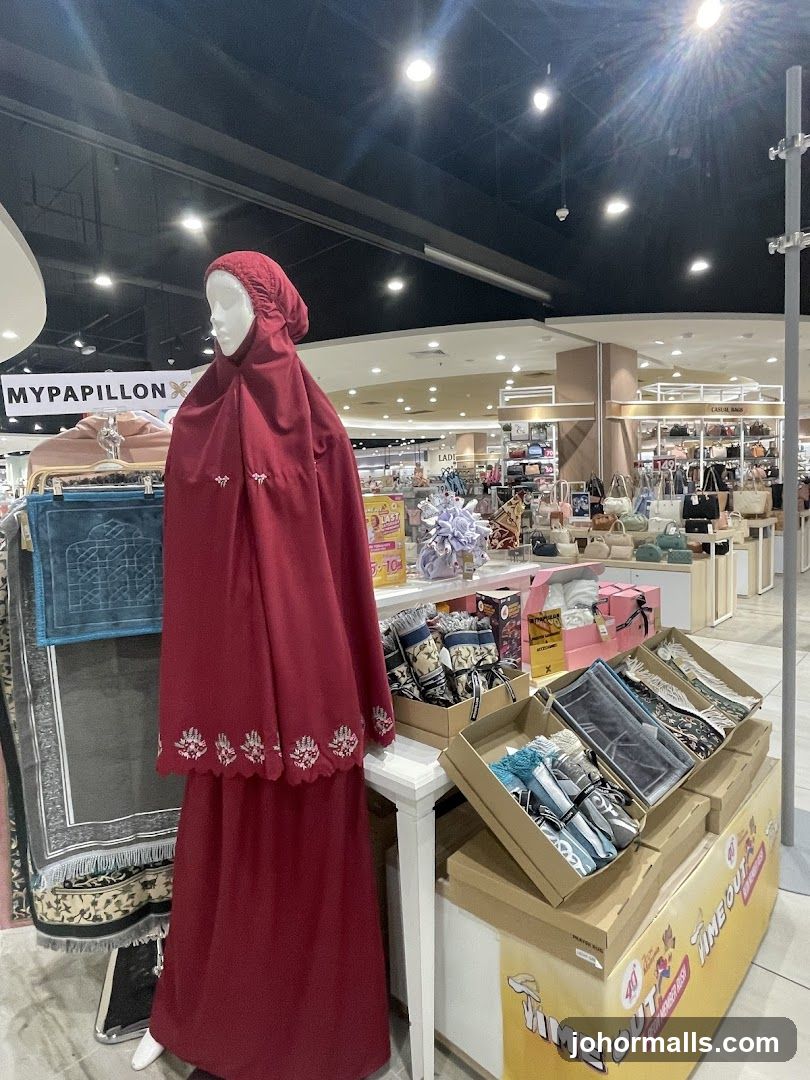 Mannequin in prayer dress with displayed prayer mats and accessories