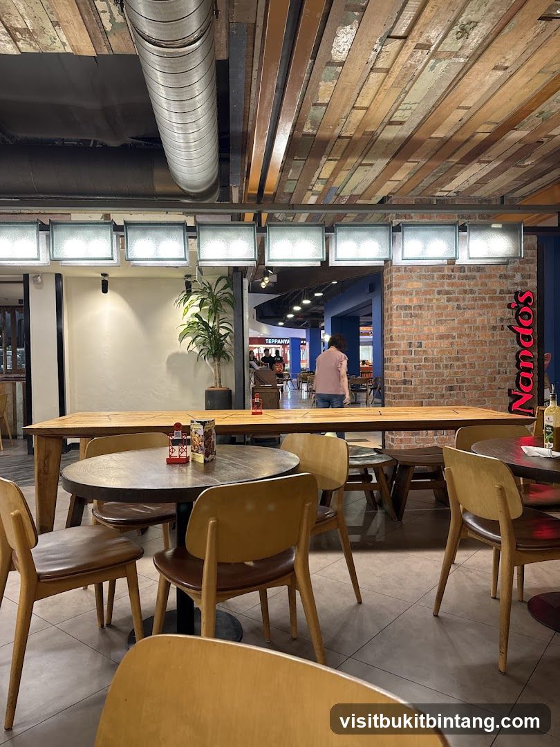 Restaurant Interior with Wooden Tables and Brick Wall