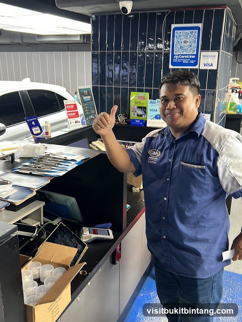 Man giving thumbs up at counter