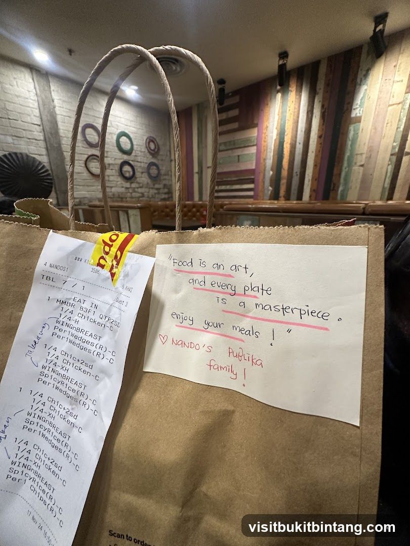 Nando's Takeout Bag with Receipt and Note