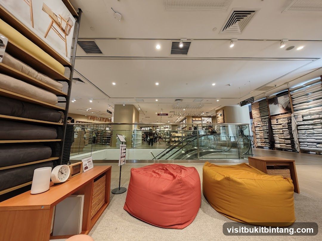 Interior of a retail store with beanbag chairs and shelving