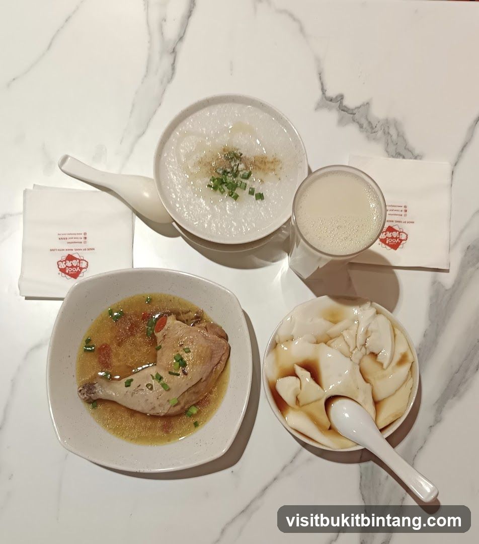 Meal with Chicken, Congee, and Tofu Pudding