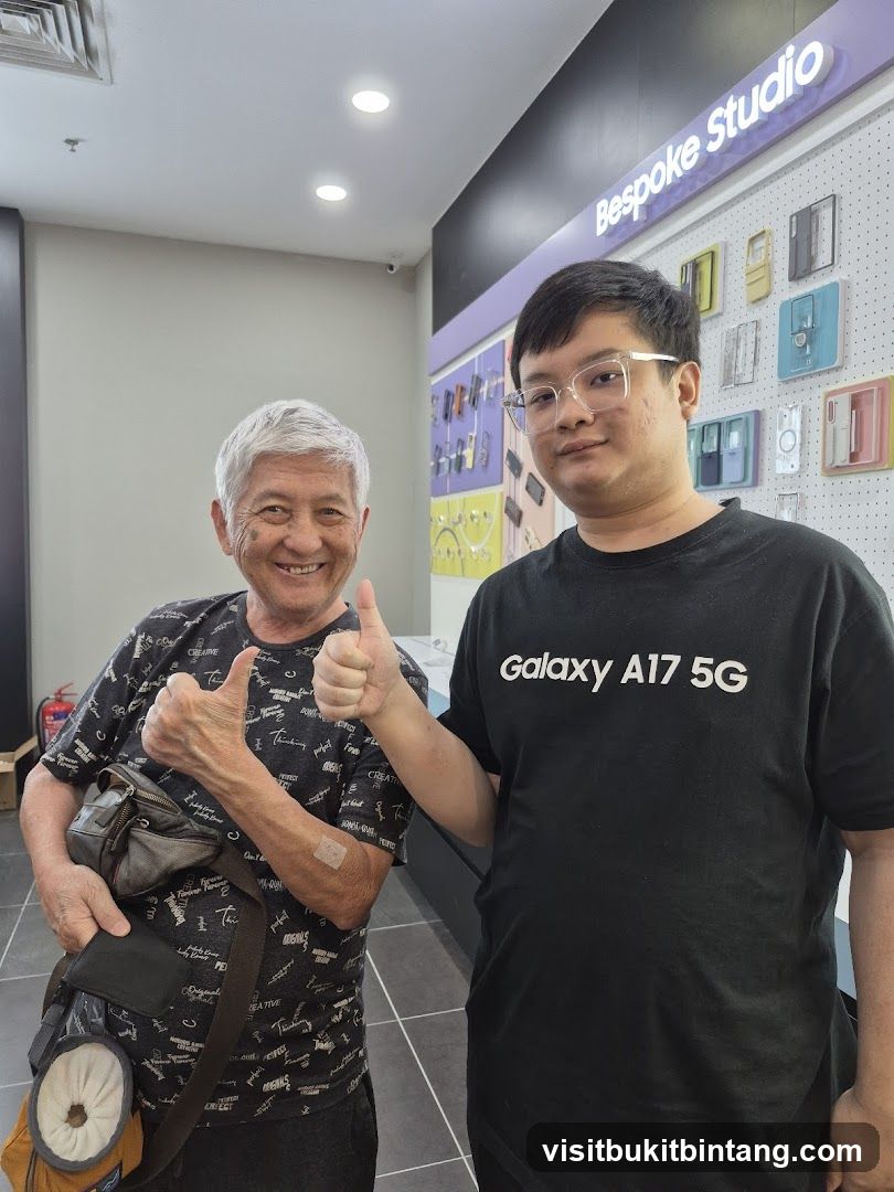 Two men giving thumbs up in a store