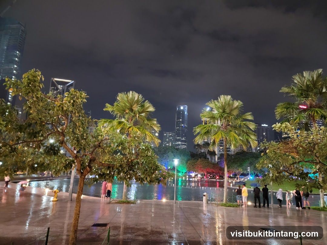 Nighttime park with city skyline