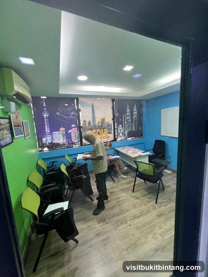 Classroom Interior with Cityscape Wall Art