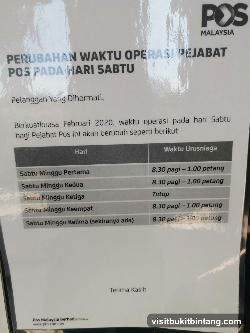 Perubahan Waktu Operasi Pejabat Pos pada Hari Sabtu