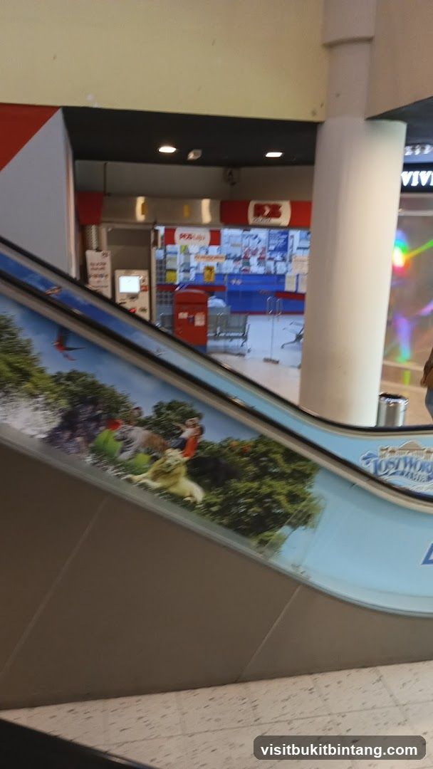 Escalator with animal graphics and shop interior