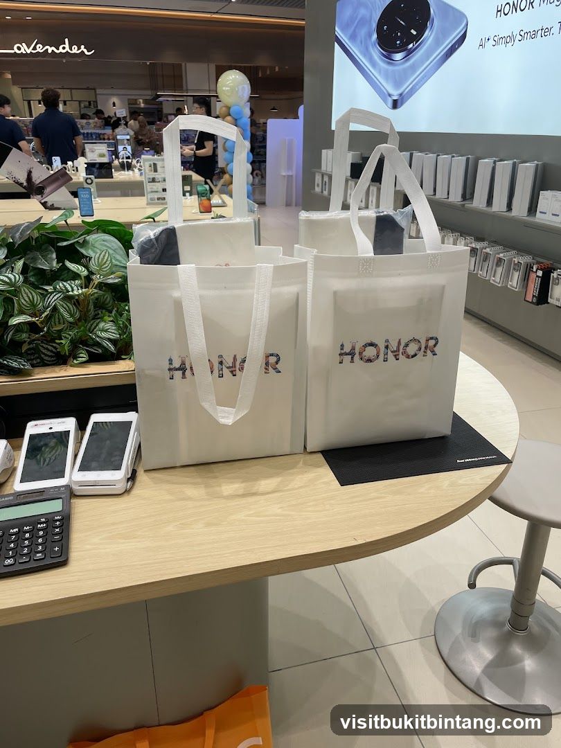 Store interior with promotional bags