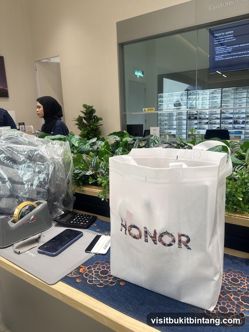 Customer service desk with branded bag