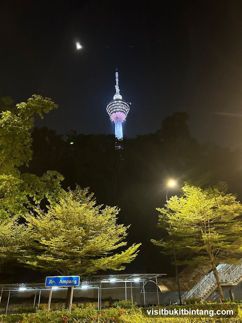 Night view of a tower and street sign